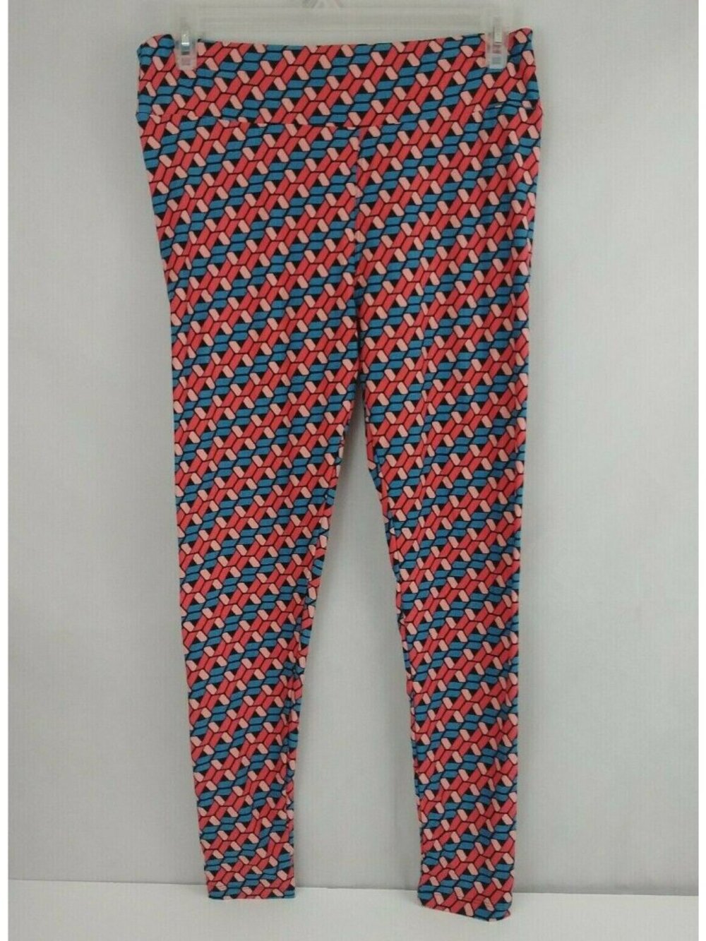 Lularoe Tall And Curvy Leggings Black With Blue & Pink Geometric Ribbons